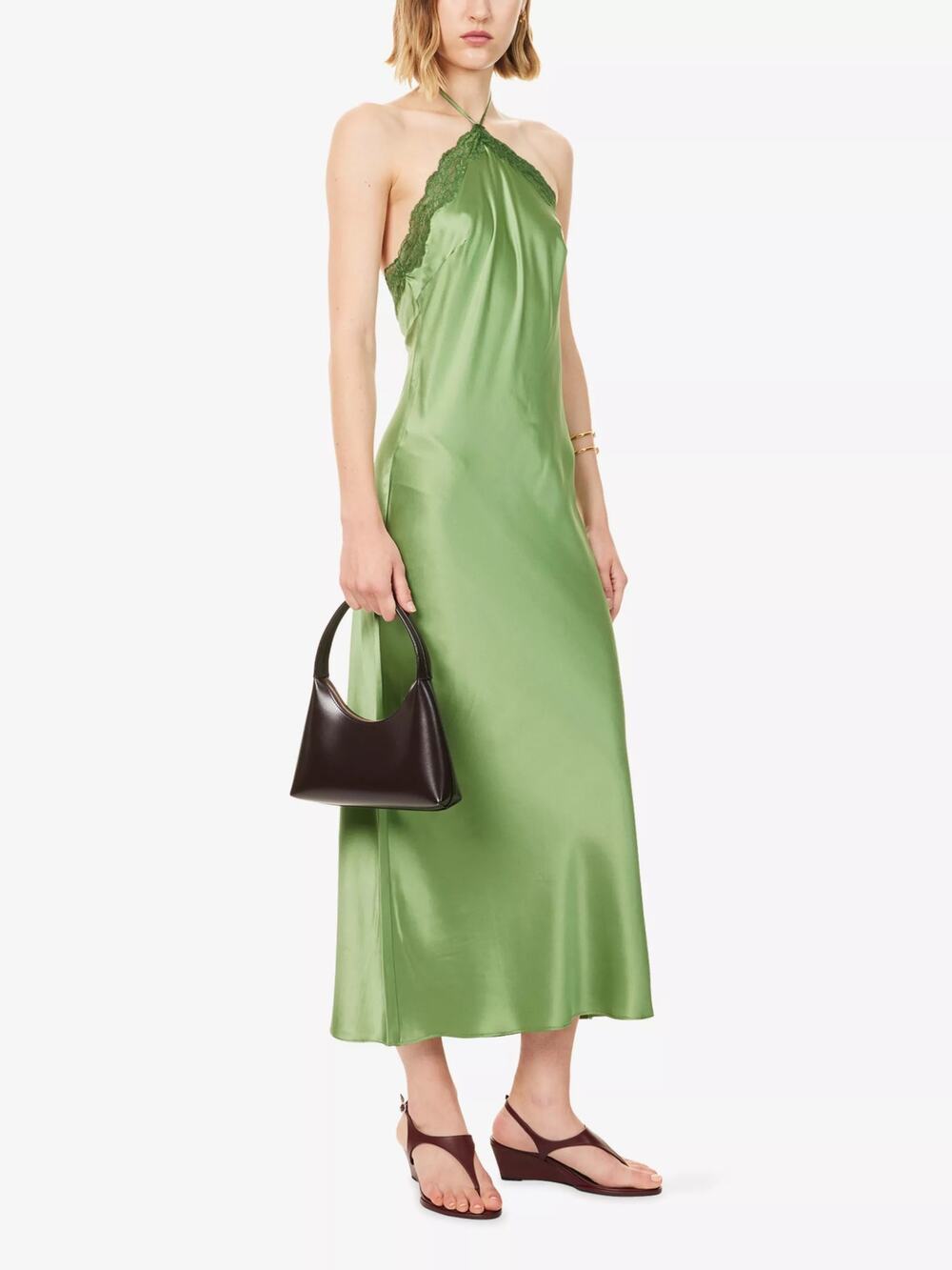 NWT Reformation Aara Halterneck Silk Midi Dress Jade Green Slip Lace Small S
